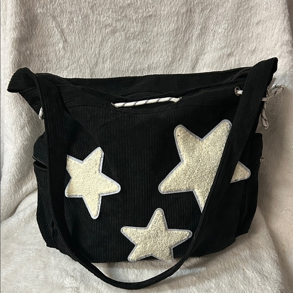 Handbags - Black Corduroy with Star Accents Shoulder Bag - Unbranded - EUC